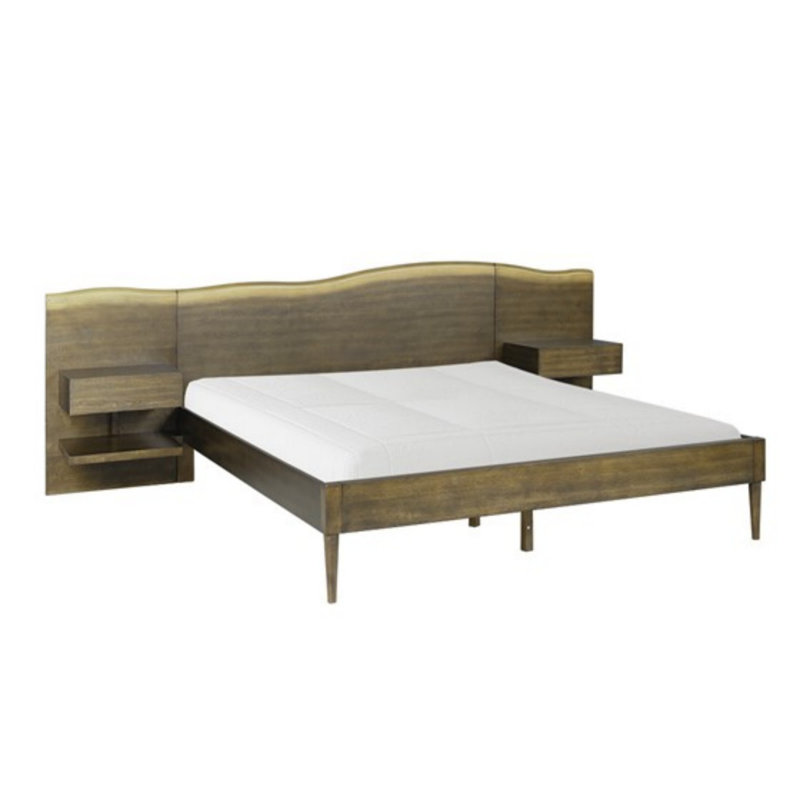 Base de lit plateforme Jossalin avec tête de lit Live-Edge et tables de chevet / tiroirs intégrés, lit de rangement