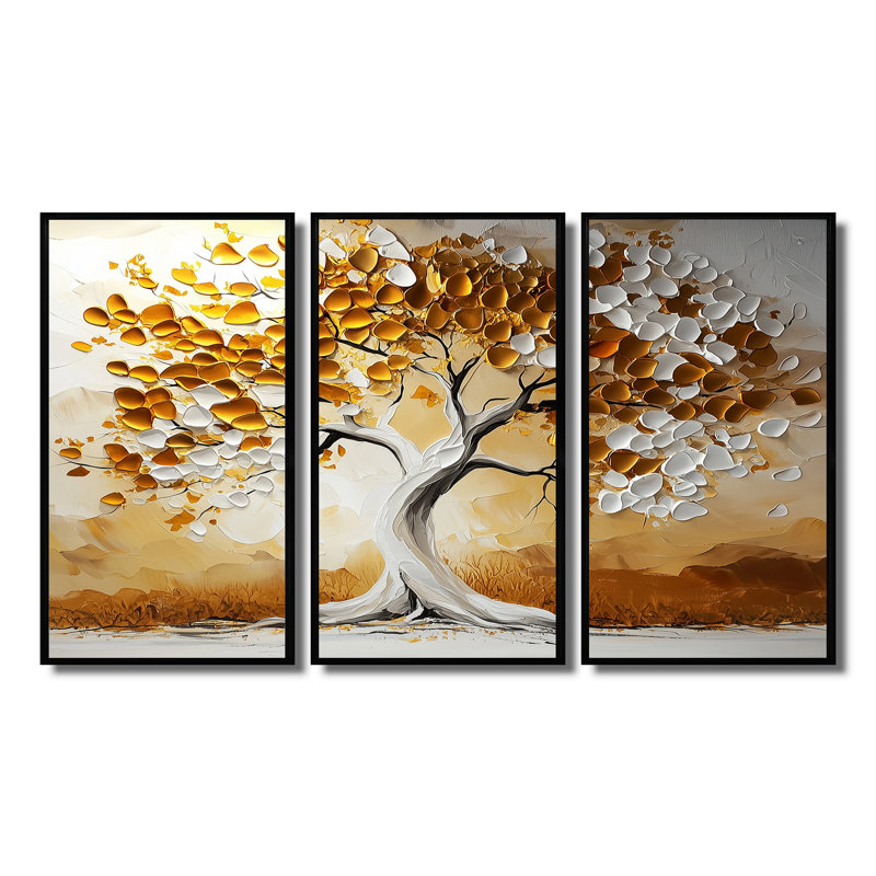 Ensemble de salon art mural doré et blanc fauve fougueux III, Toile avec cadre flottant noir, H 40 po x l 60 po x P 1 po