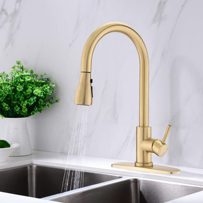 Stainless Steel Kitchen Faucet With Brushed Gold, Scratch- Finish, 1.8Gpm Flow, Pull Down Spray Head, Functional Beauty Gold , Steel, Water Spot Proof, Flow Rate, 360 Swivel Arc, Modern Chic