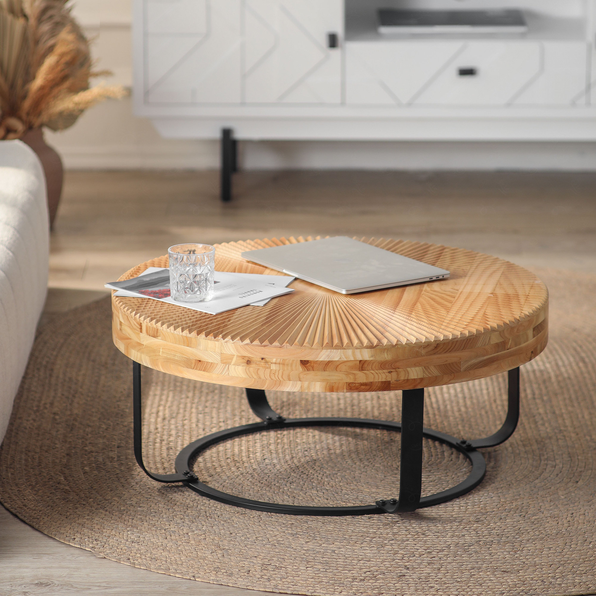Dakota Fields Modern Round Coffee Table Wooden Carving Pattern Coffee ...