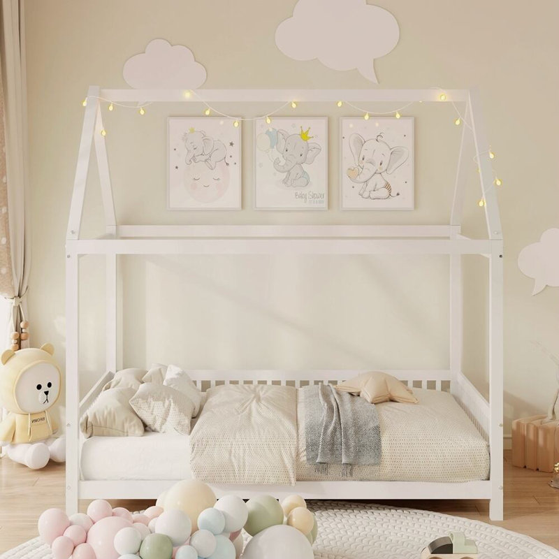 Wood Aseliya House Bed With Guardrail And LED, Full