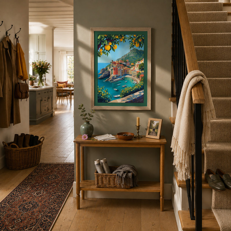 Cliffside Village Charm Retro - Framed Print, A2 - 59.4 x 42.0 cm, Oak