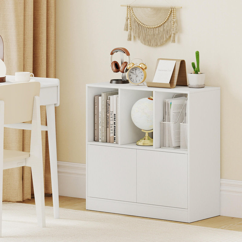 2 PCS Cube Bookcase with Doors, Open Compartments & Cabinet, Modern Display Shelf White, White, 2