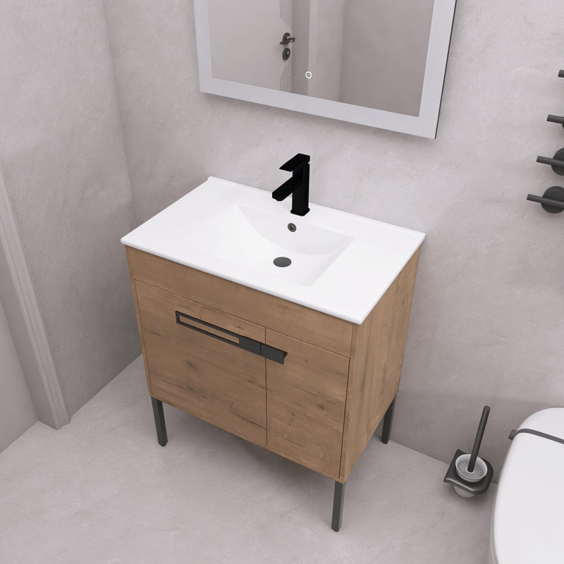 Trisity 30.03 " W Free Standing Wall Mounted 1 Single Vanity Bathroom Vanity With Ceramic Top, Brown
