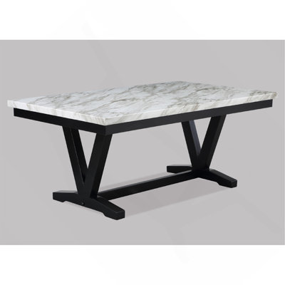 Modern White Faux Marble & Black Dining Room Rectangular Table V-Shape Trestle Design Wooden Base 1Pc Furniture