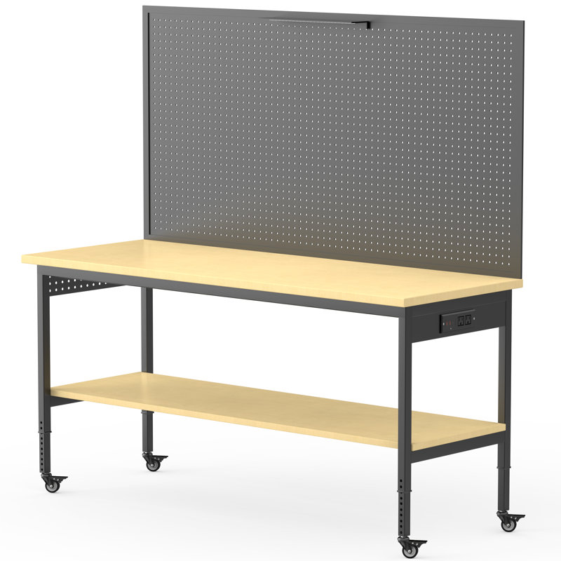 Établi de garage 60 po avec panneau perforé, banc de travail à hauteur réglable avec tablette de rangement, établi roulant avec lumière DEL, multiprise et 8 crochets, table de travail mobile avec roues pour atelier, garage, salle d'artisanat