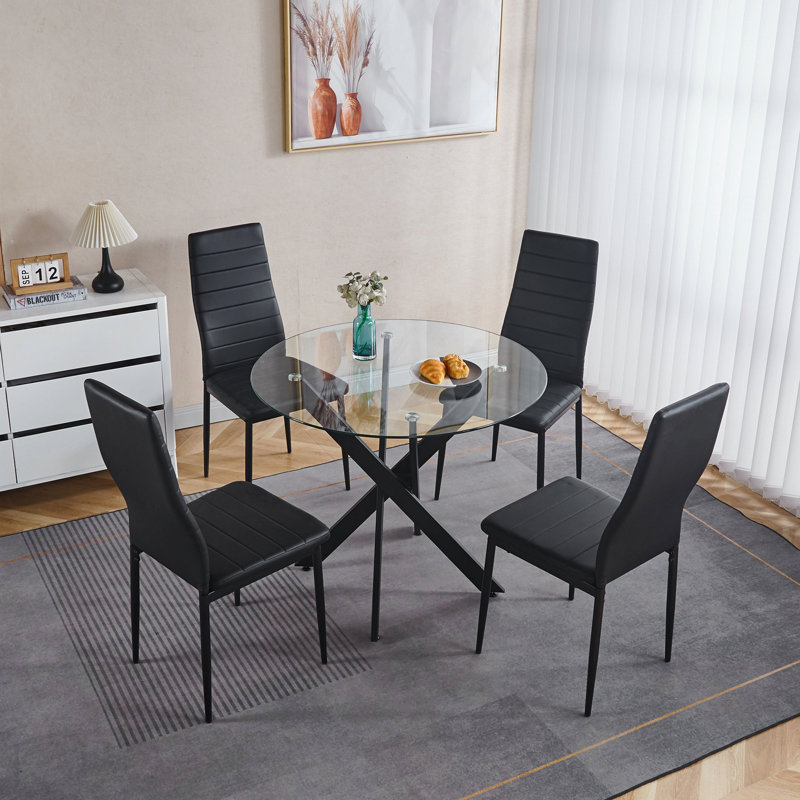 Table de salle à manger noire avec pieds croisés en métal et verre trempé, table de cuisine moderne pour le salon, Black