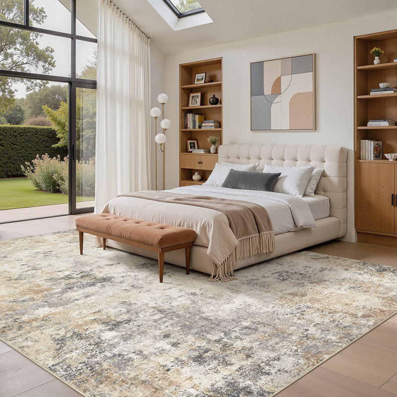 Washable Area Rugs Modern Abstract Rugs for Lining Room Bedroom with Non Slip Backing-Gold/Beige, Rectangle 10' x 14'