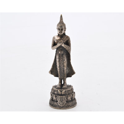 Figurine de Bouddha debout debout. Fabriqué à la main sur laiton avec patine argentée. 2,50 pouces de hauteur
