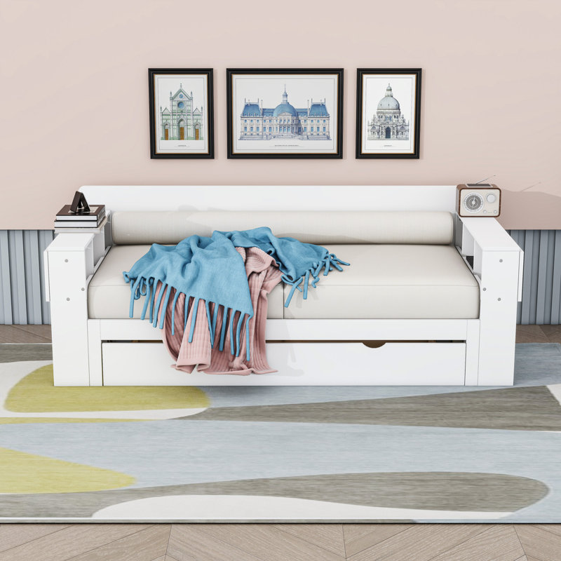 Wood Daybed with Removable Desk, Storage Drawers and Shelves, White, Queen