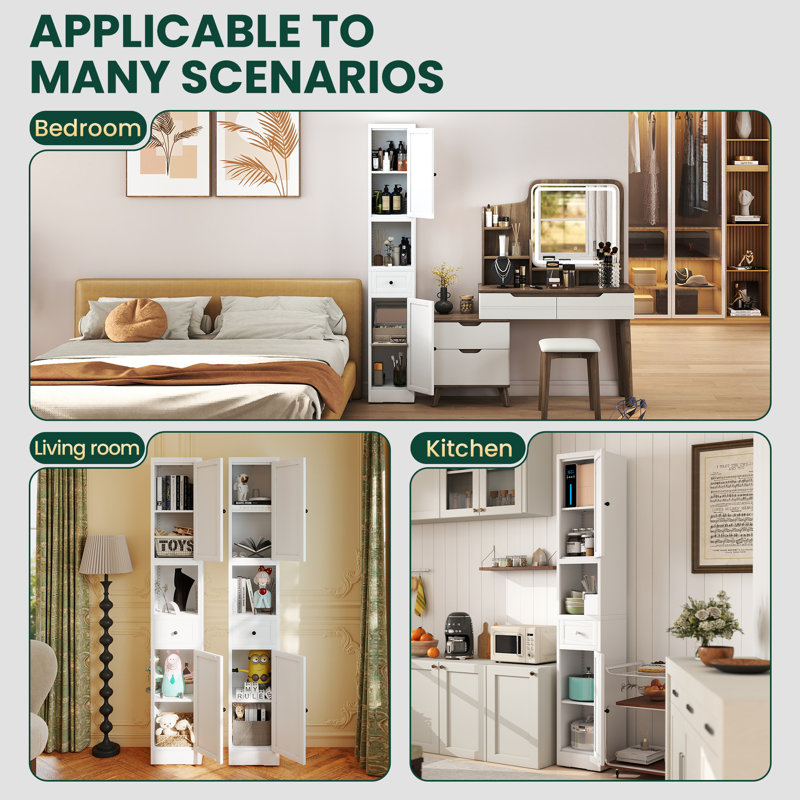 Armoire de rangement pour salle de bain H 70,86 "avec tablettes réglables autoportantes, Blanc