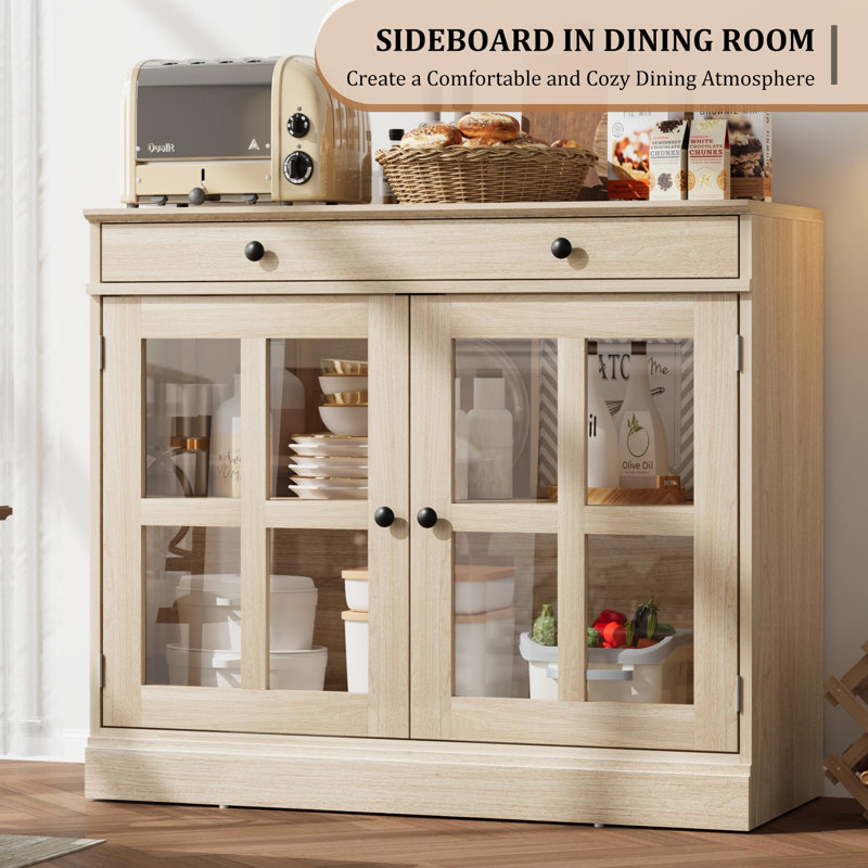 Buffet 35,4 po avec porte vitrée, buffet avec rangement, buffet blanc avec tiroir, buffets et buffets modernes pour la salle à manger, la cuisine