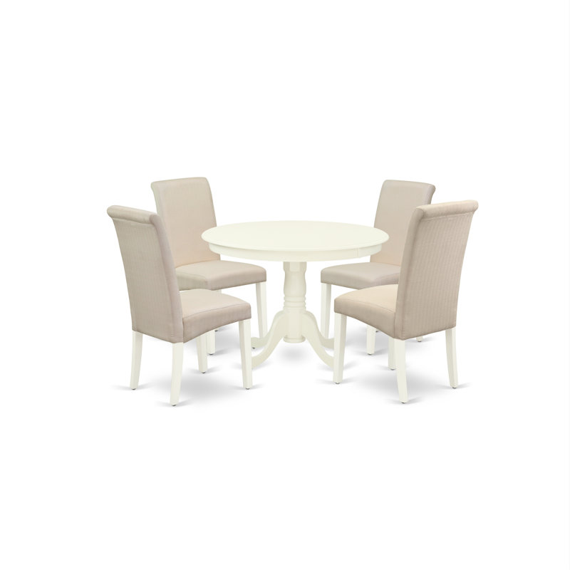 5 Piece Modern Dining Set Includes a Round Kitchen Table with Pedestal and 4 Cream Linen Fabric Parsons Dining Chairs, Linen White