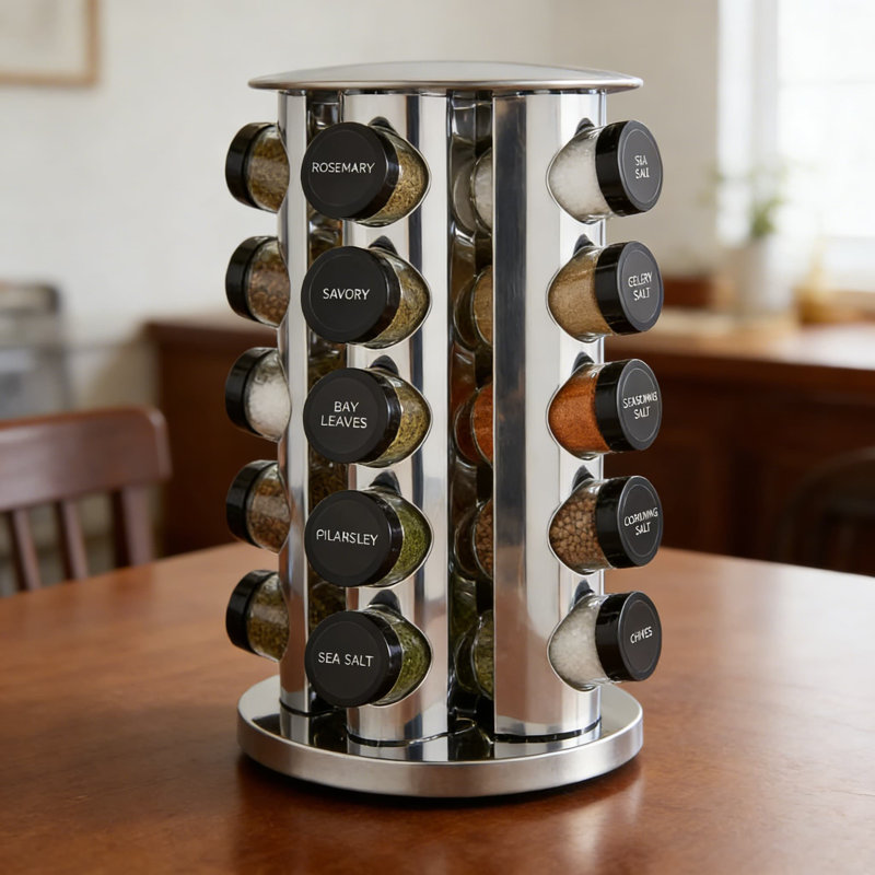 Support à épices rotatif avec 20 pots à épices pré-remplis, avec recharges d'épices gratuites pendant 5 ans, organisateur de comptoir en acier inoxydable poli avec capuchons de tamis amovibles