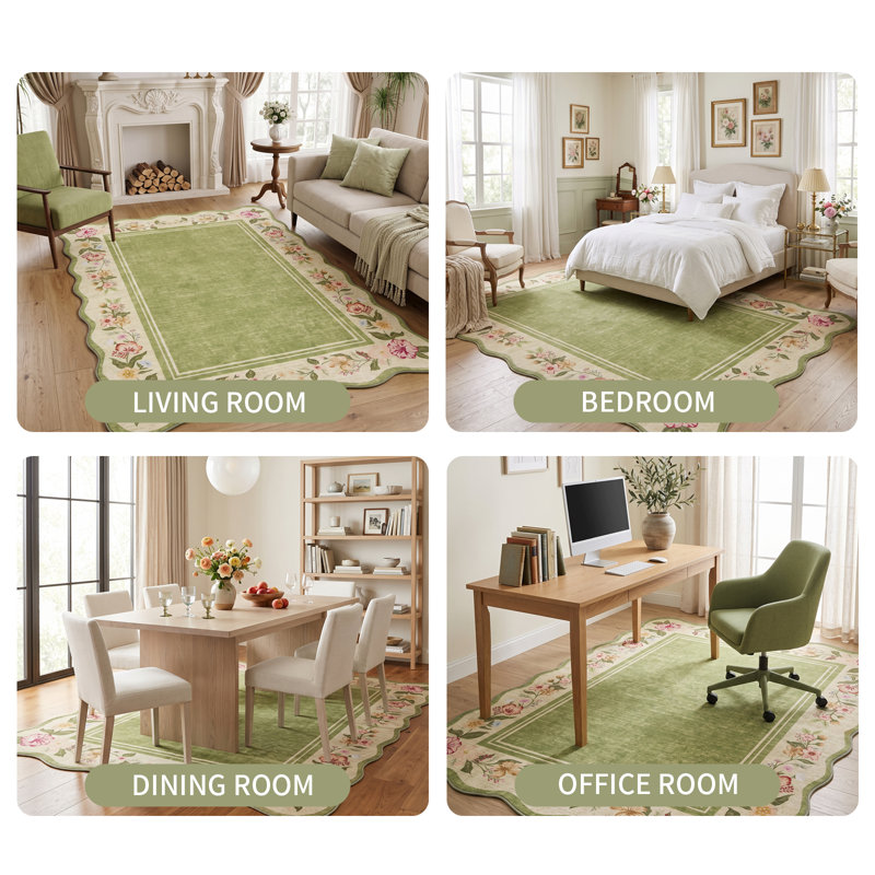  Floral Scalloped Area Rug , Vintage Green Rugs for Living Room, 60*100cm