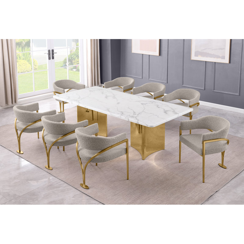 Ensemble de salle à manger en marbre blanc Grand avec chaises d'appoint en tissu Boucle, Gris, Doré
