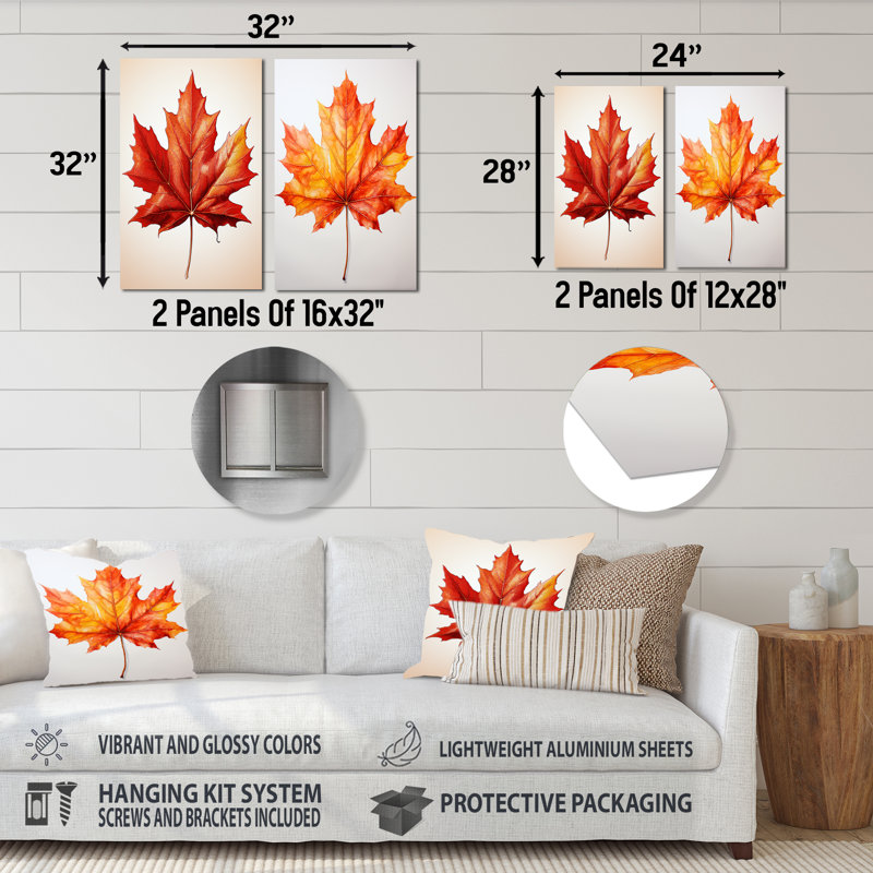 «Orange I Leaf», ensemble de 2 décorations murales en métal «Maple Leaf», H 32 po x l 32 po