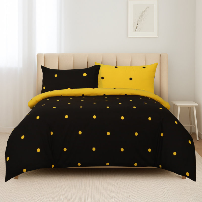 Soft Microfiber Printed Duvet Cover Set with Pillowcases, Black/Yellow Doted, King Duvet Cover + 2 Standard Pillowcases