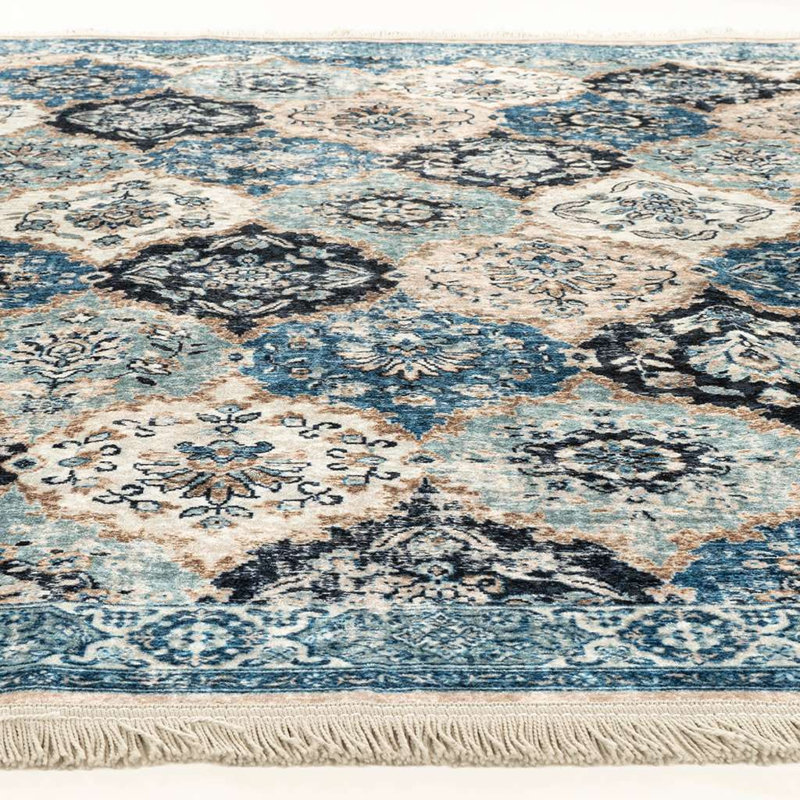 Alfa Rich Ultra-Thin Floral Blue Cream Washable Non-Slip Area Rugs for Living Room Bedroom Kitchen, Rectangle 4'11'' x 7'6''