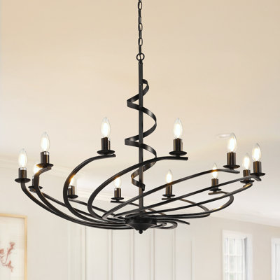 12 - Light Dimmable Candle Style Classic Chandelier With Wrought Iron Accents（Set Of 2）