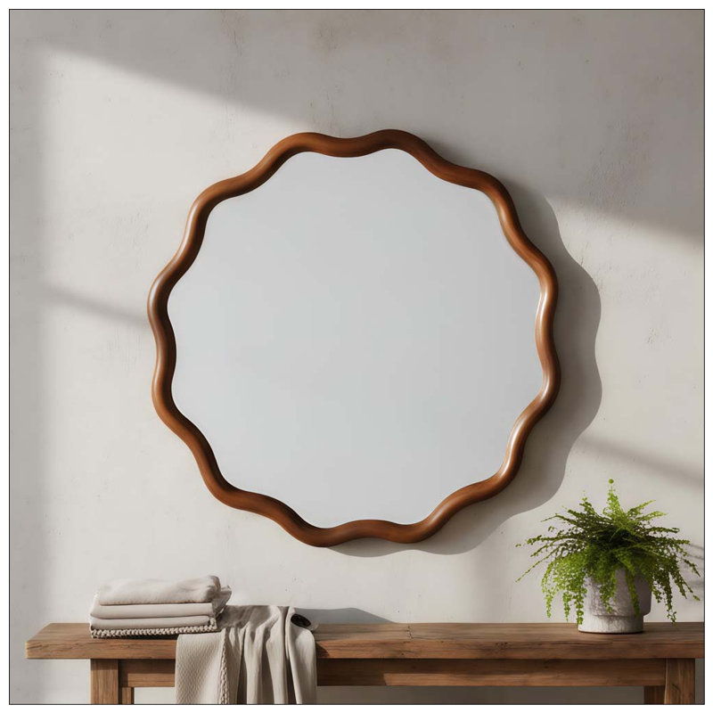 Wavy Round Solid Wood Frame Decorative Mirror, 36 inch, Black + Dark Walnut