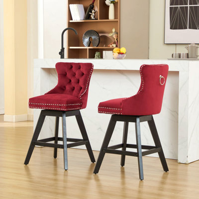Swivel Velvet Barstools With Button Tufted Decoration And Wooden Legs, And Chrome Nailhead Trim, Leisure Style Bar Chairs