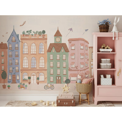Whimsical Urban Wallpaper Pastel Buildings Wall Mural
