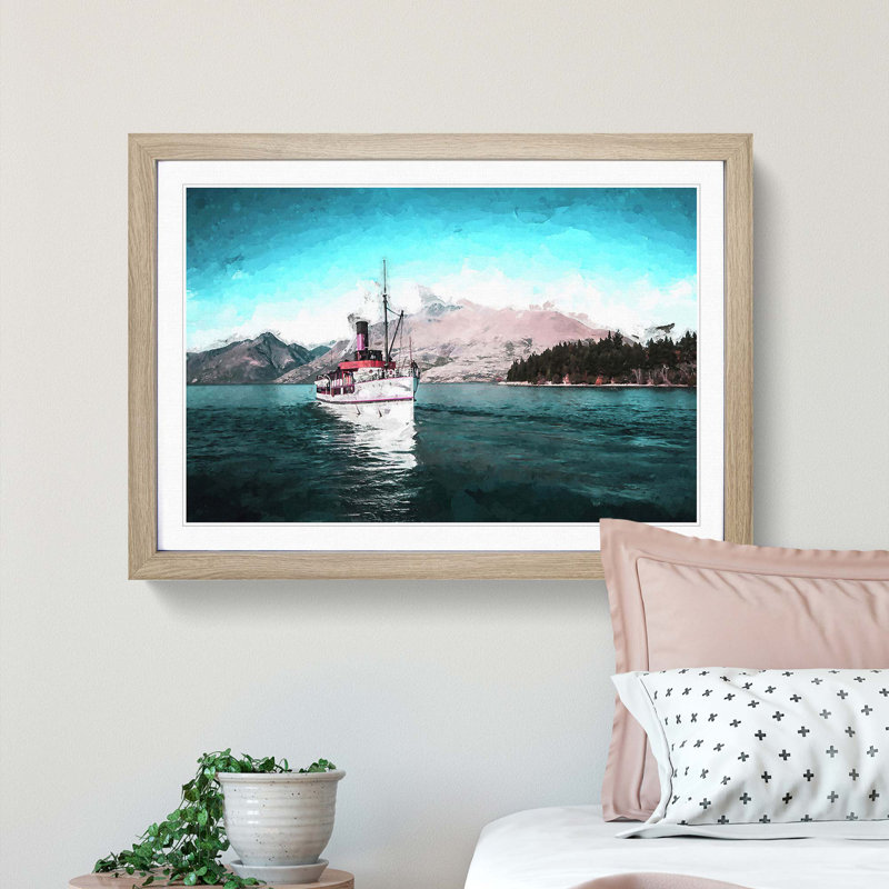 Boat on the Lake in New Zealand in Abstract - Picture Frame Painting Print, Oak Framed, 48cm H x 65cm W x 2cm D
