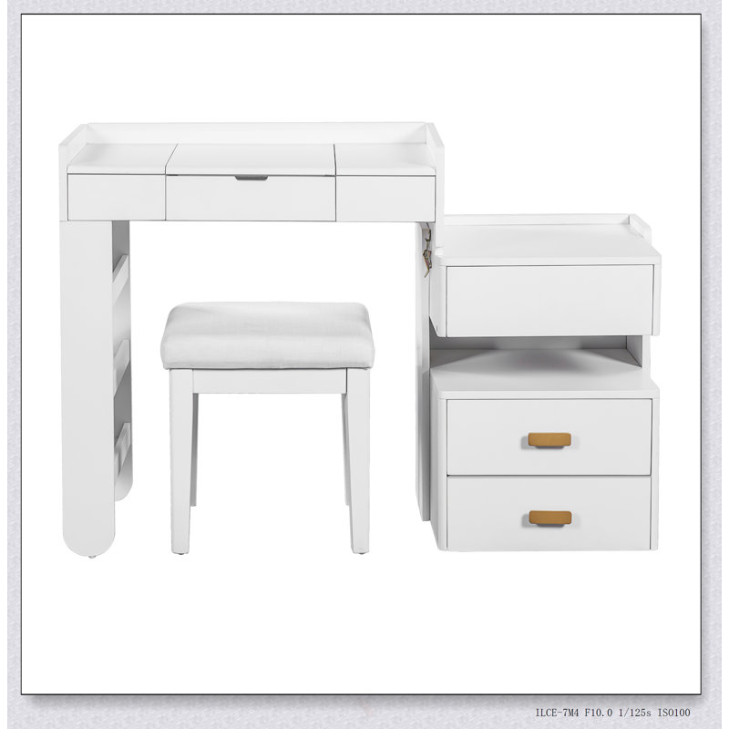 Meuble-lavabo 3 en 1 avec miroir rabattable, éclairage DEL, longueur réglable et grands tiroirs - Coiffeuse multifonctionnelle élégante pour la maison