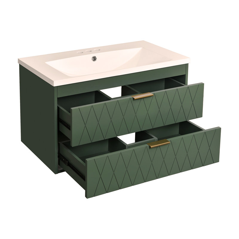 Meuble-lavabo mural 30 po avec lavabo en résine, armoire de rangement flottante avec 2 tiroirs, armoire de salle de bain en bois massif