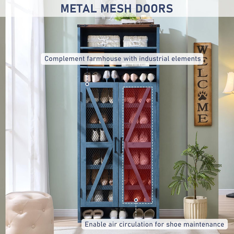 10-Tier 40 Pair Shoe Storage Cabinet with Adjustable Shelves & Open Cubbys, Farmhouse Wood Tall Entryway Shoe Cabinet with 2 Doors