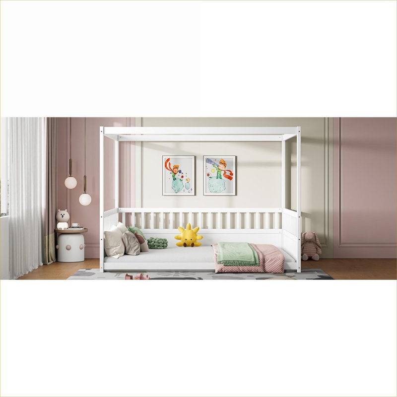 Lit plateforme à baldaquin pleine grandeur en bois de pin massif avec finition blanche pour chambre d'enfant, White