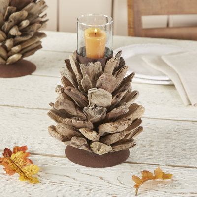 Porte-votive en verre/bois pinecone bois flottant