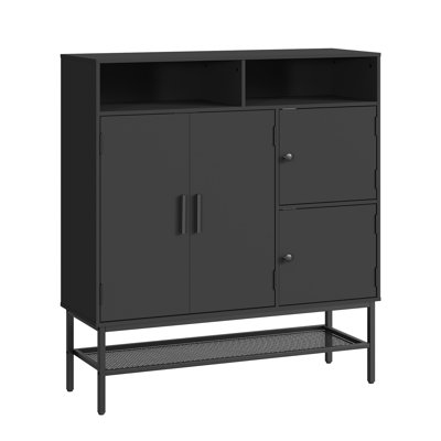 Range-chaussures noir autoportant avec portes, tablettes réglables et tablette inférieure en filet