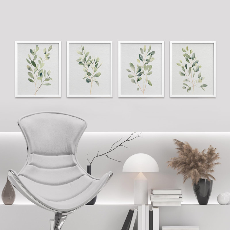 «Green Leaf Floral Botanical Plants», impression sur papier 4 pièces, Blanc, H 16 po x l 12 po