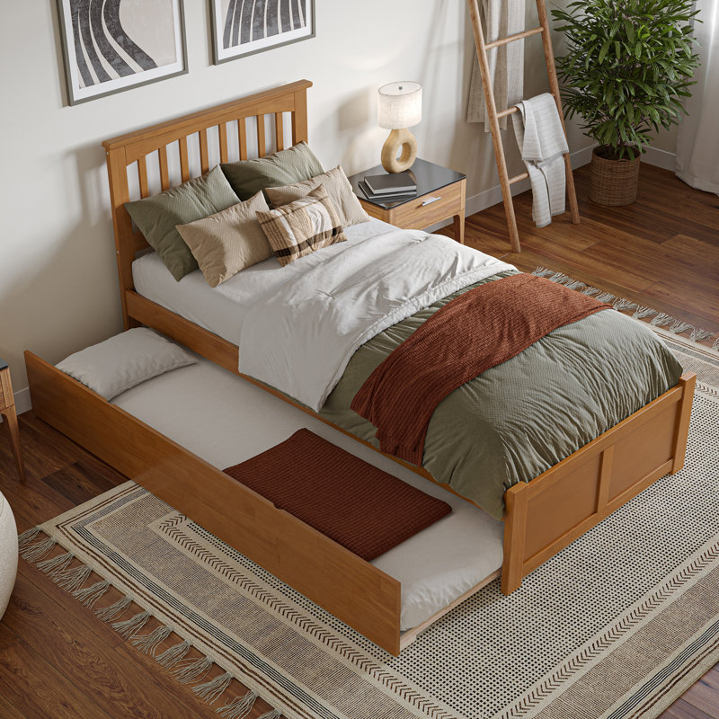 Mission Solid Wood Platform Bed with Panel Footboard and Roll Out Trundle, Extra-long Twin