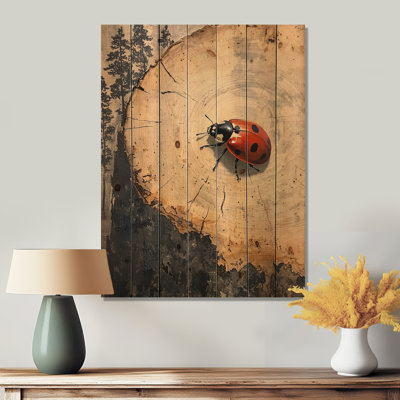 Ladybug At The Forest On Slide I - Ladybug Wood Print - On Natural Pine Wood