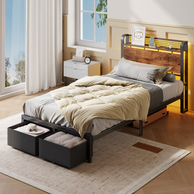 Bed Frame with Storage Headboard, Metal Platform Bed Frame, LED Lights and Charging Station