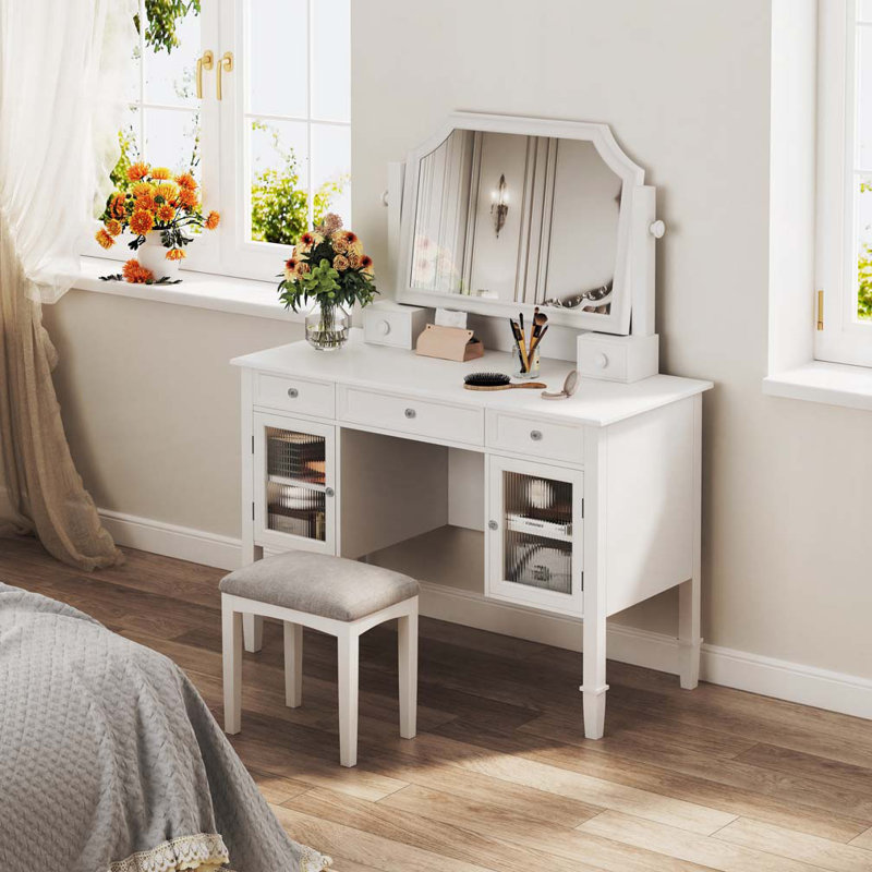 Laneah Makeup Vanity Desk with Adjustable Mirror, Drawers & Stool