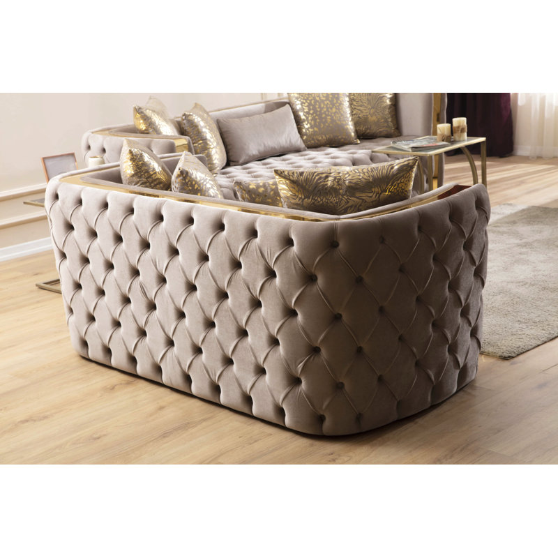 Causeuse capitonnée à boutons avec tissu velours et détails dorés, Taupe