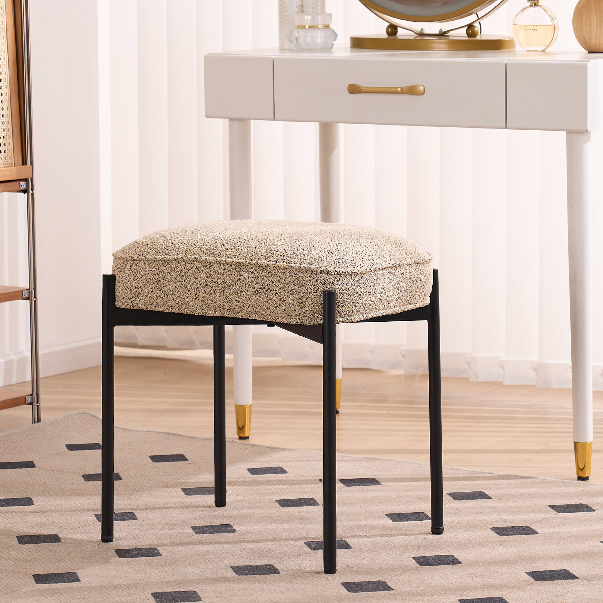 Romere Vanity Stool Fabric Upholstered Accent Stool Rectangle Makeup Stool Ottoman with Metal Legs