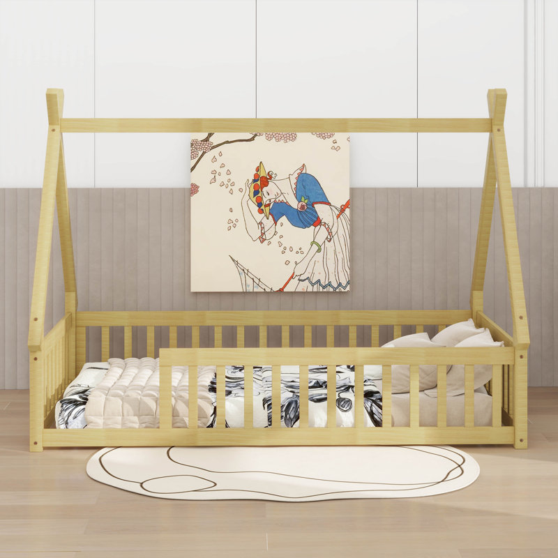 Lit simple en bois en forme de tente avec garde-corps, Naturel