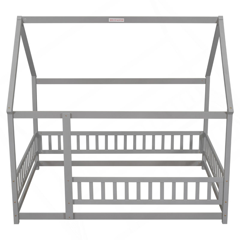 Lit en bois pleine grandeur avec cadre de toit de maison, barrières de sécurité, gris, Lit double