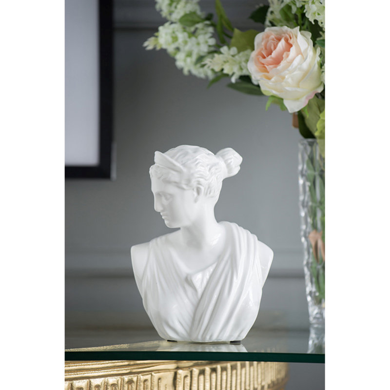9” Tall White Ceramic Female Bust Statue, Transitional Goddess Sculpture, for Living Room, Entryway, Office, or Centerpiece Display