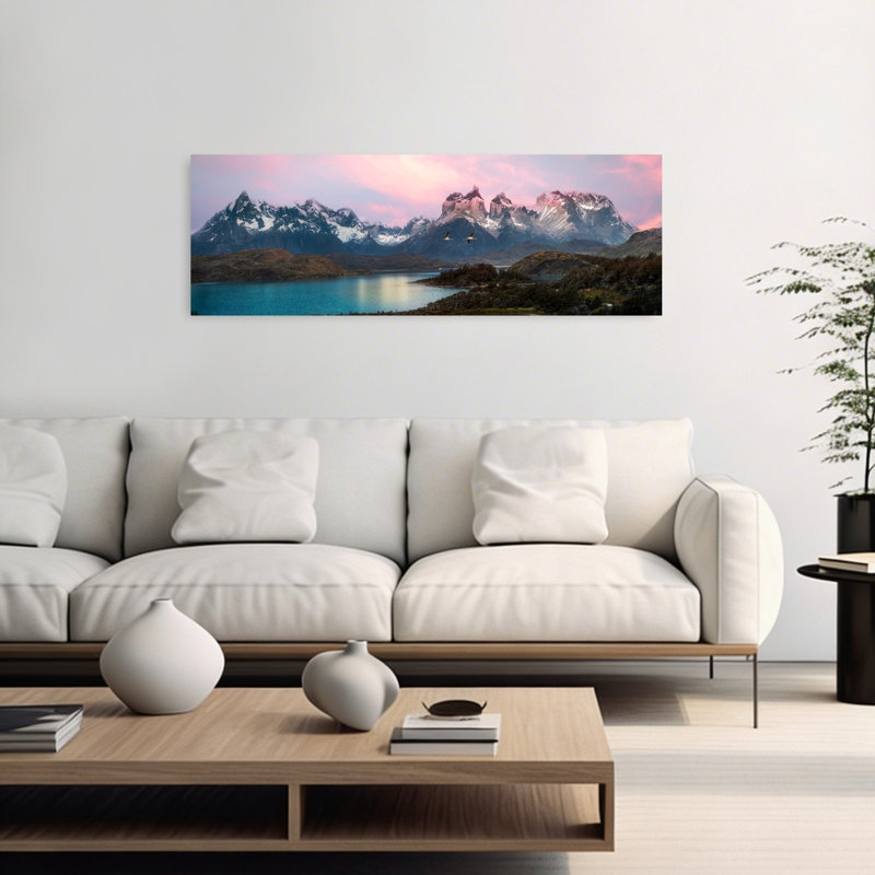 «Pink Mountain Sunset», art dramatique paisible, paysage serein, H 48 po x l 16 po