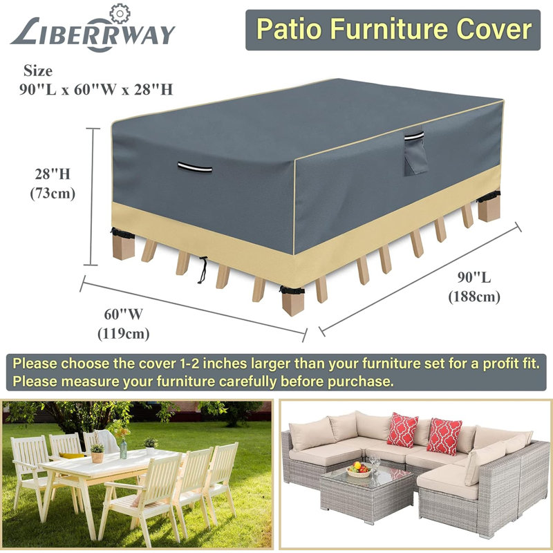 Rectangular Outdoor Patio Dining Set Cover, Heavy Duty Waterproof 600D Oxford Fabric Furniture Cover, 90"L x 60"W x 28"H All Weather Table and Chair Set Protector