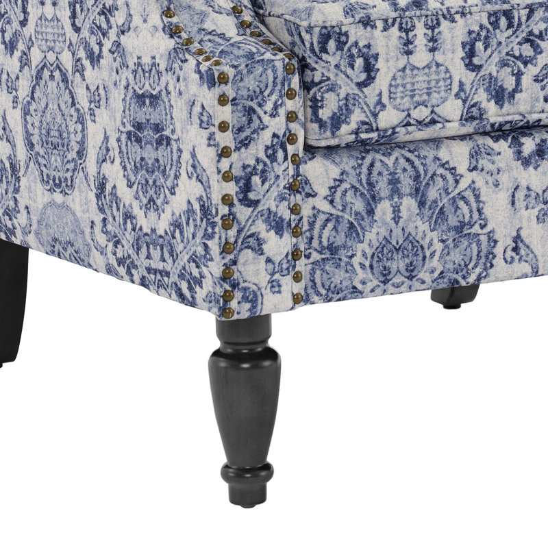 Upholstered Armchair, Damask Navy Polyester/Walnut
