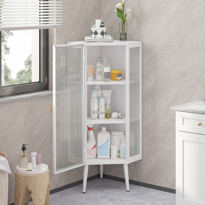 Armoire 22,25 po à trois niveaux avec portes en verre trempé et tablettes de rangement pour la salle de bain, le salon et la chambre à coucher