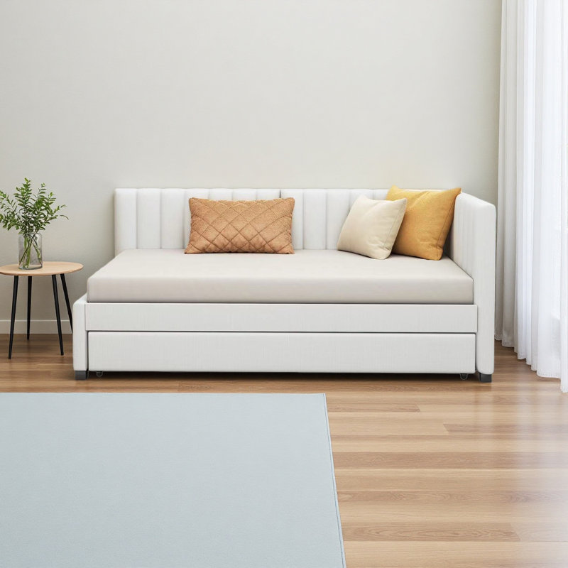 Upholstered Daybed With Trundle Twin Size Sofa Bed Frame No Box Spring Needed, Linen Fabric, Beige