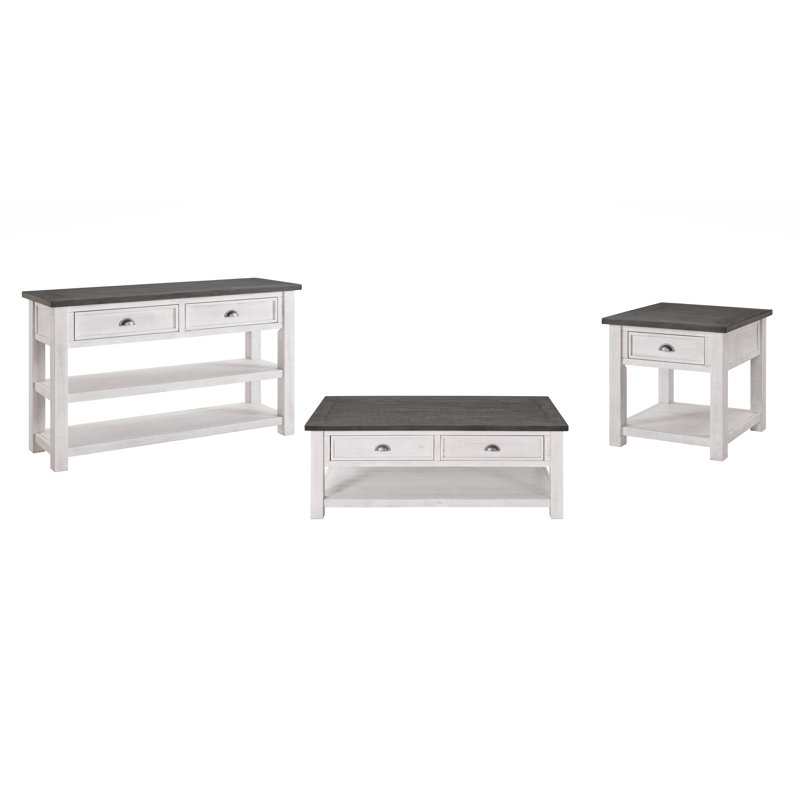 Holliman 3 Piece Solid Wood Coffee Table Set, White/Gray